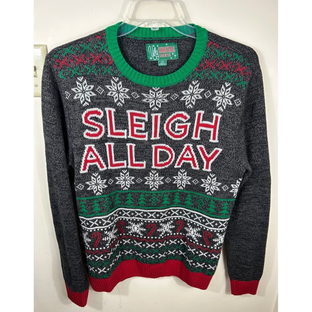 Ugly Christmas Sweater Sleigh All Day Men L Gray Festive Party Fair Isle Novelty